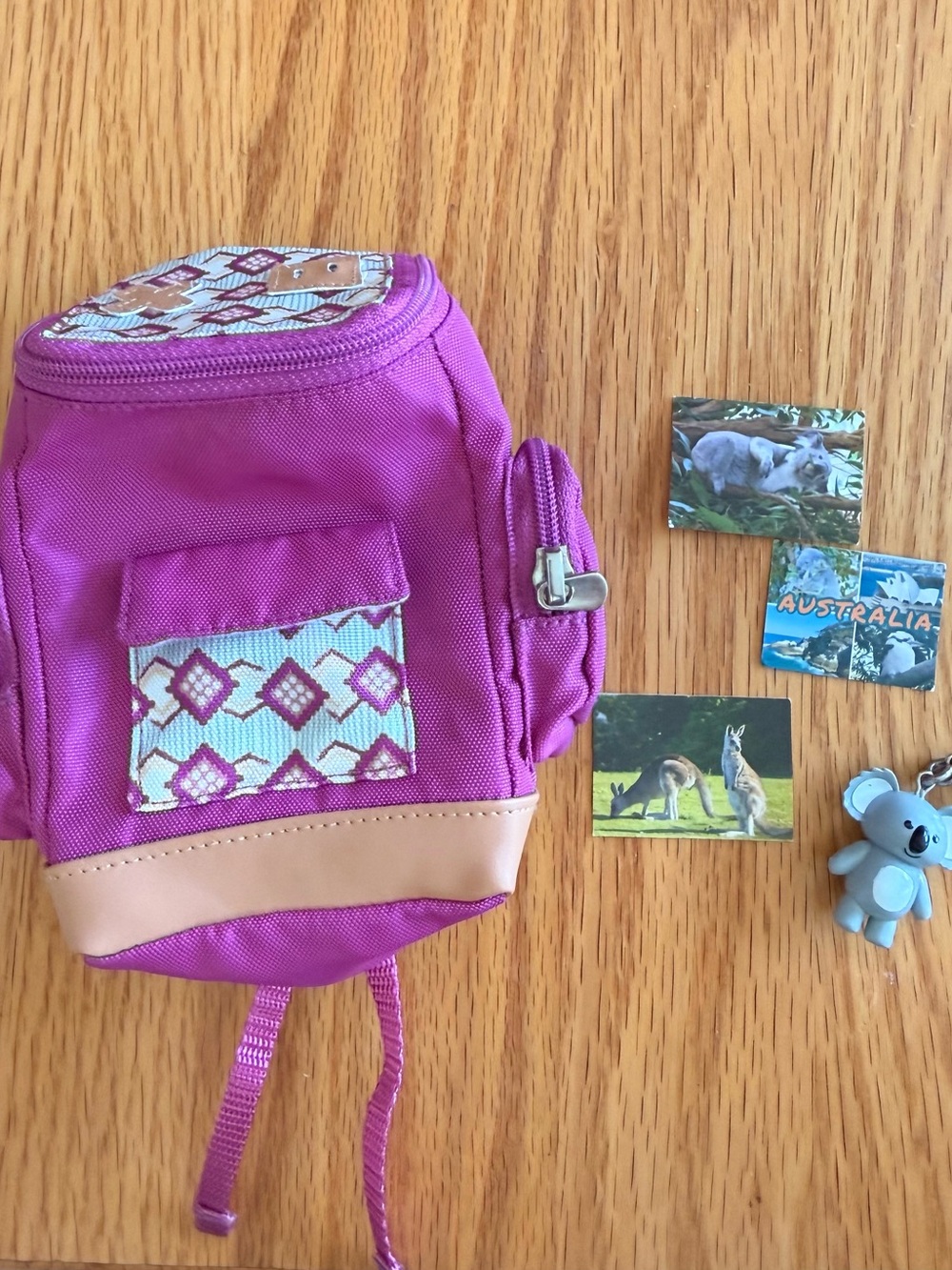 American Girl Purple Kira Backpack, Koala keychain, postcards